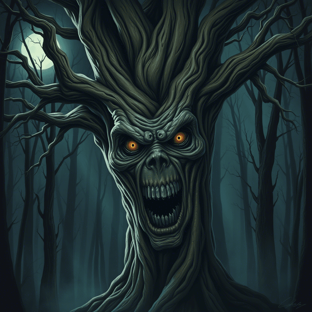 Árbol con rostro terrorífico bajo la luz de la luna