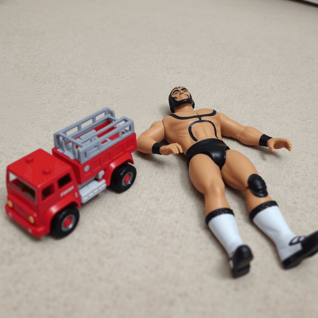 Los juguetes inquietos: Carrito de juguete y muñeco de luchador tirados en el suelo