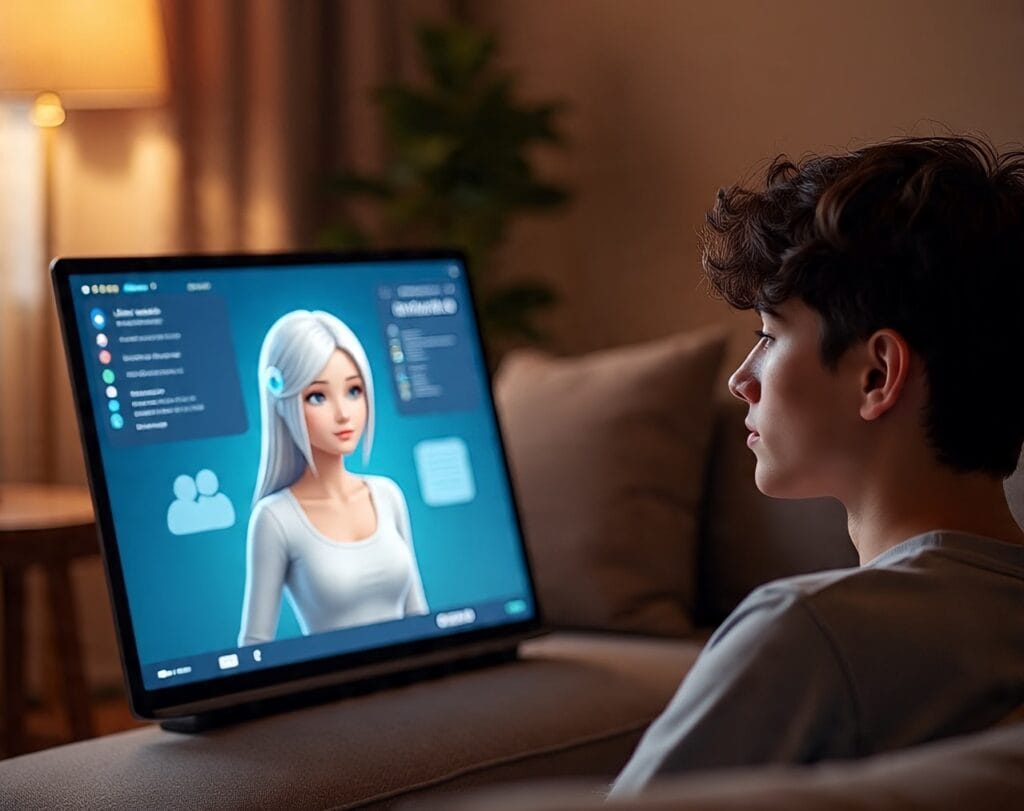 Hombre joven interactuando con su novia virtual de inteligencia artificial
